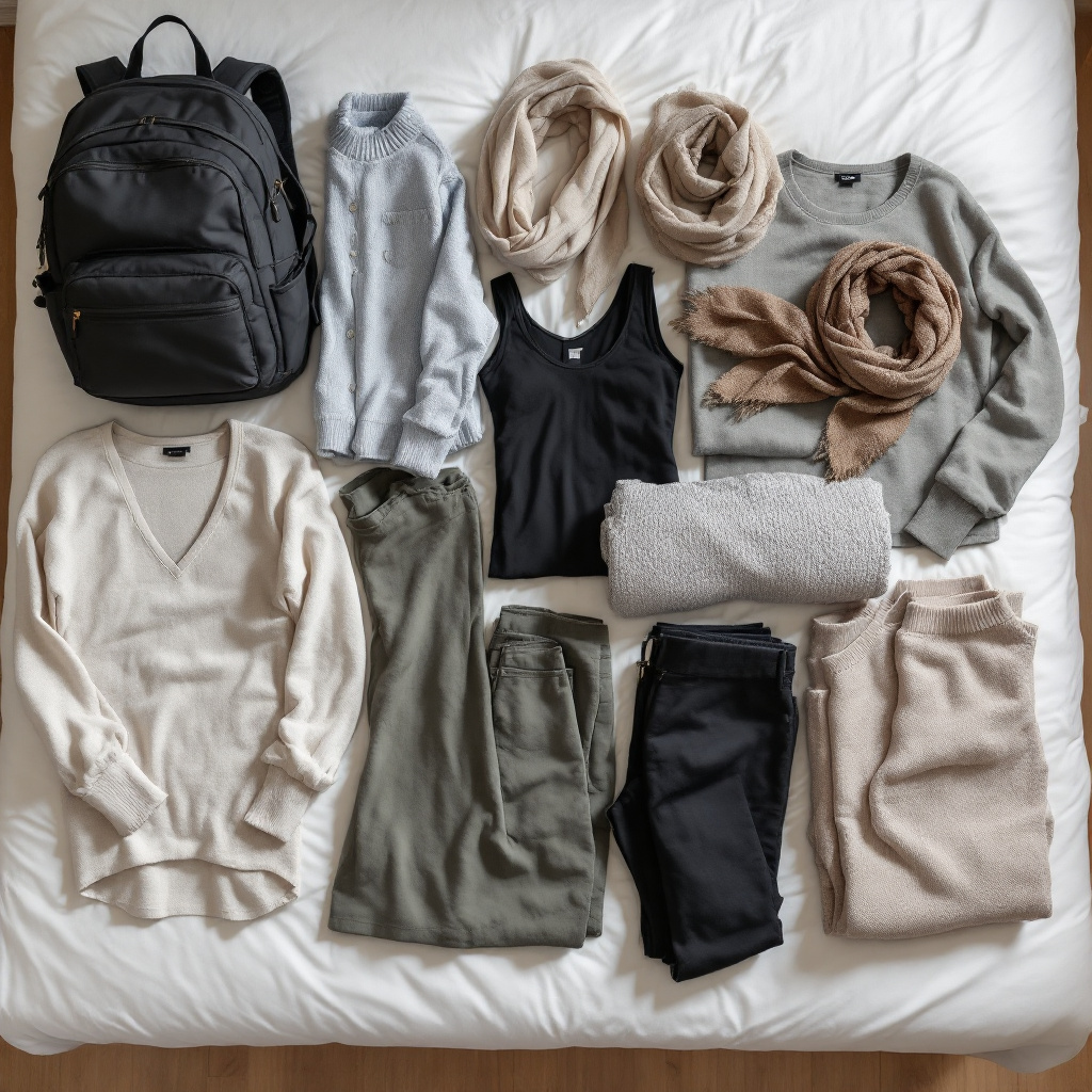 Capsule wardrobe laid out on a bed, including tops, bottoms, a dress, scarf, and travel backpack. Alt text: Capsule wardrobe for minimalist solo-female packing list 2025.