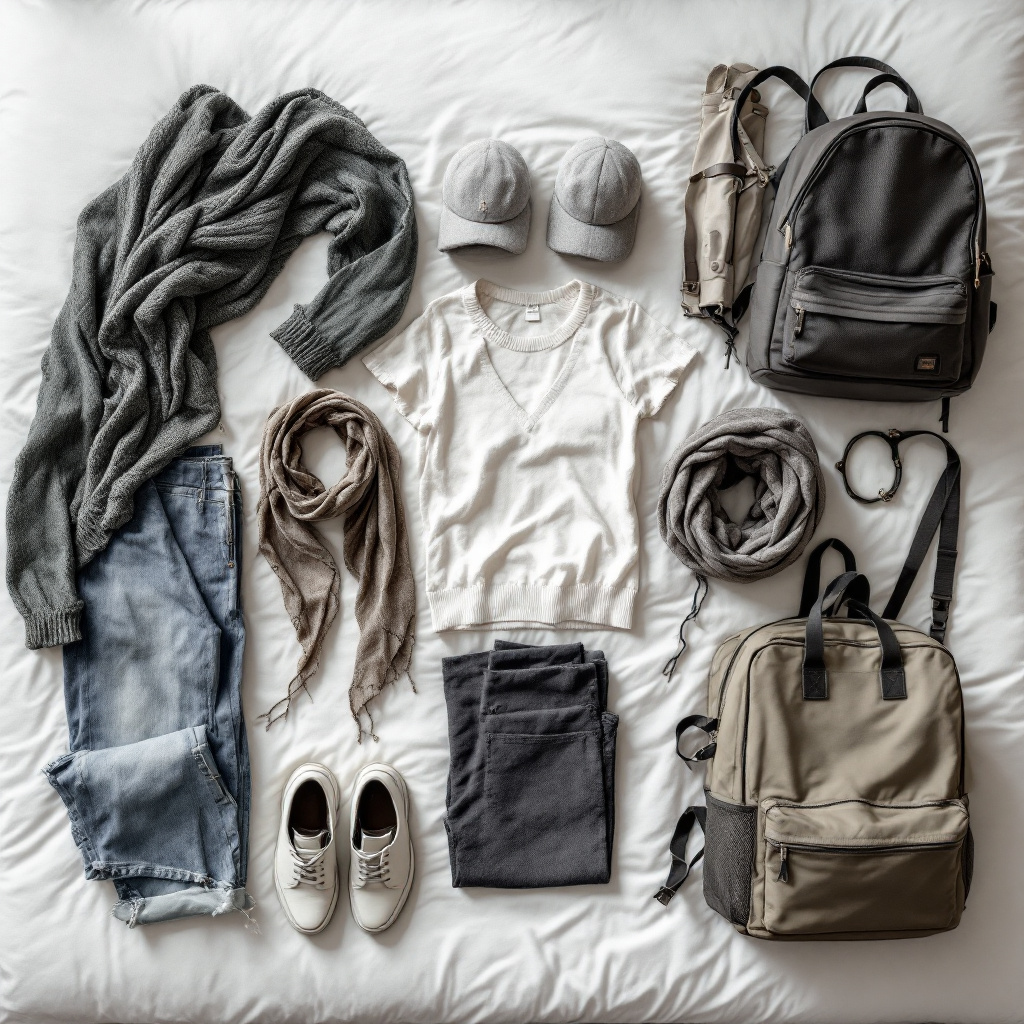 Capsule wardrobe laid out: tops, bottoms, scarf, and carry-on backpack—your minimalist solo-female packing list 2025 foundation. Image created with AI.