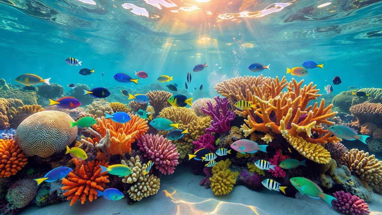 Vibrant coral formations sit beneath clear turquoise waves while schools of tropical fish glide through the reef with the sun illuminating the sandy ocean floor.