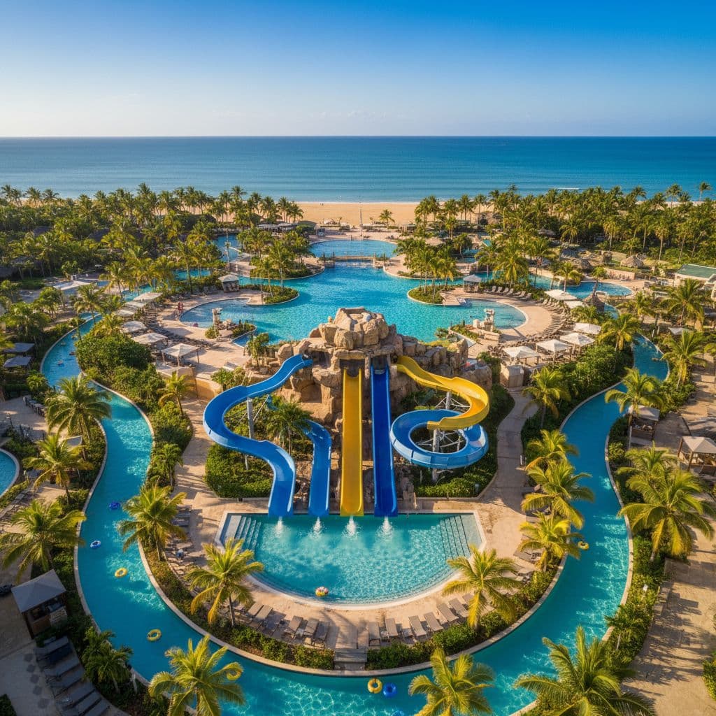 An aerial view showcases a sprawling water park with tiered pools and swirling slides nestled among palm trees with a lazy river winding through landscaped grounds.