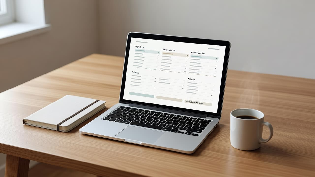 A sleek laptop displays a clean budget spreadsheet on a rustic wooden table beside a spiral notebook and a steaming coffee mug bathed in warm soft natural light.