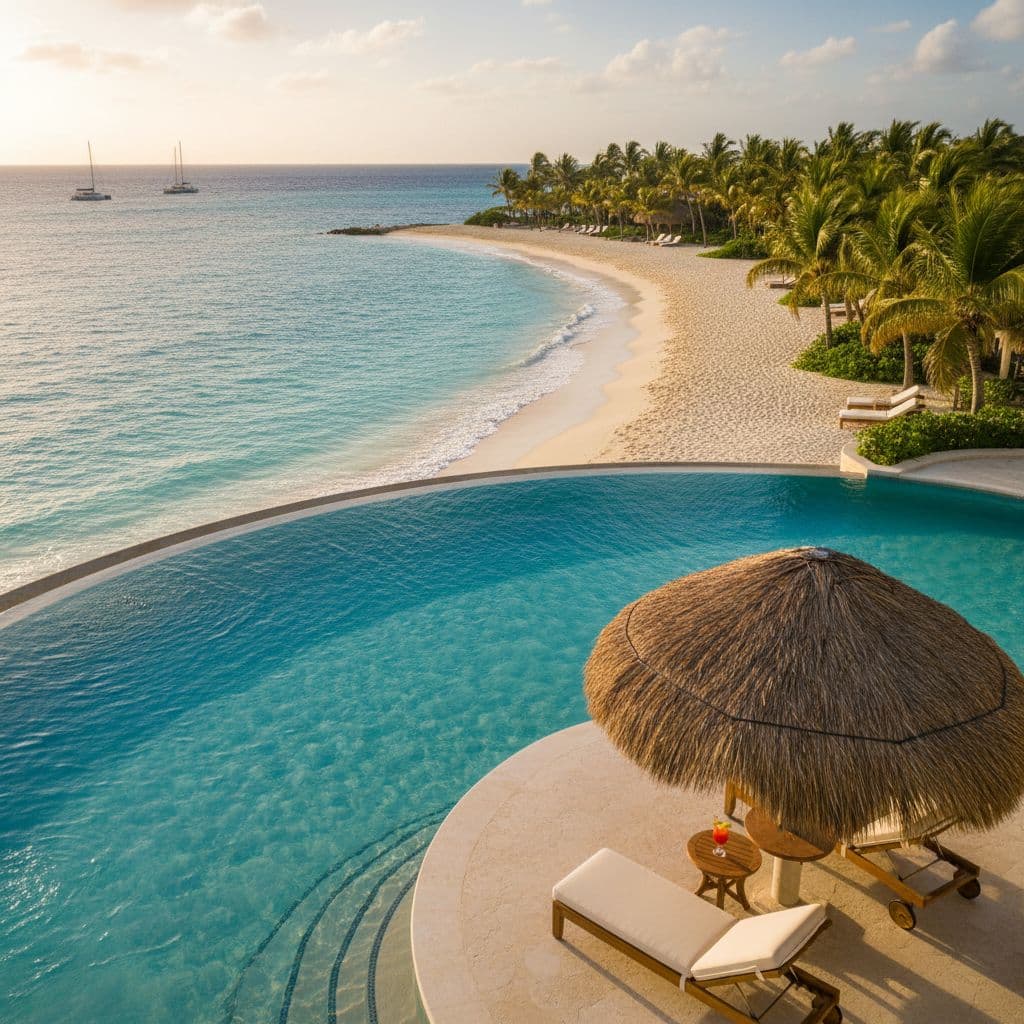 Caribbean beach resort with palm trees and turquoise water
