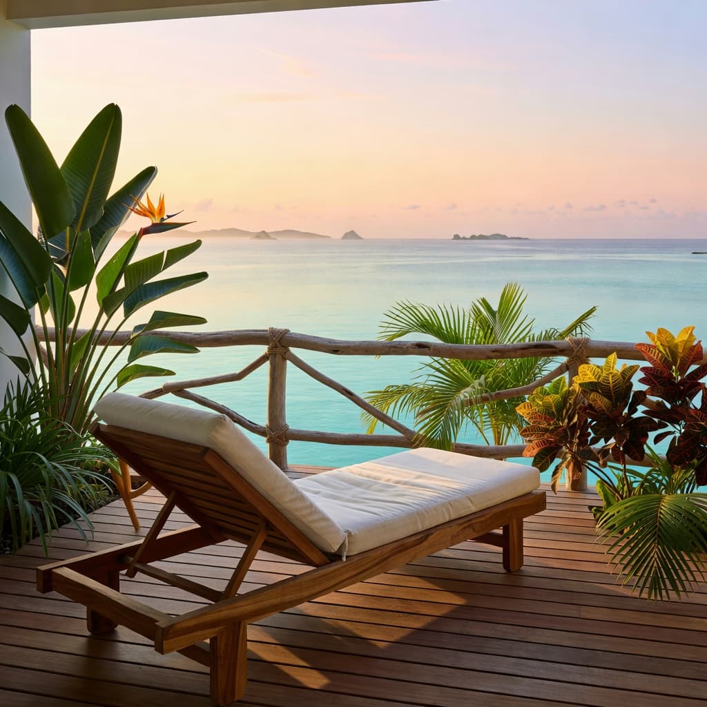 A single wicker lounge chair rests on a wooden balcony deck filled with lush tropical ferns overlooking calm turquoise ocean under soft pastel dawn light.
