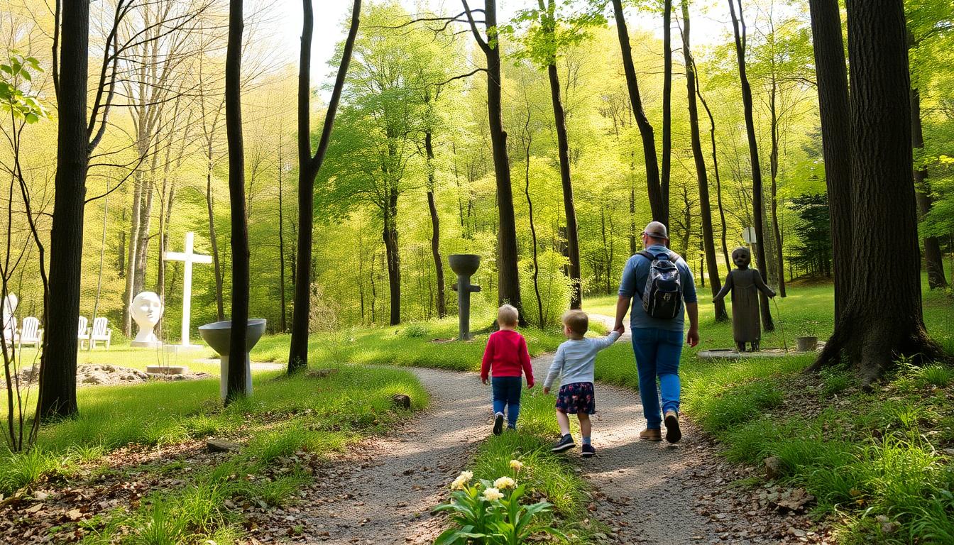 A family exploring a trail in the Catskills near New Paltz, surrounded by trees and sculpture gardens, with children engaged in the scenery.