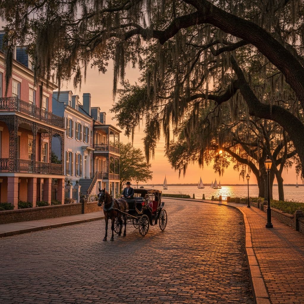 Historic Charleston Battery with mansions and sunset, festive wreaths for December family trips