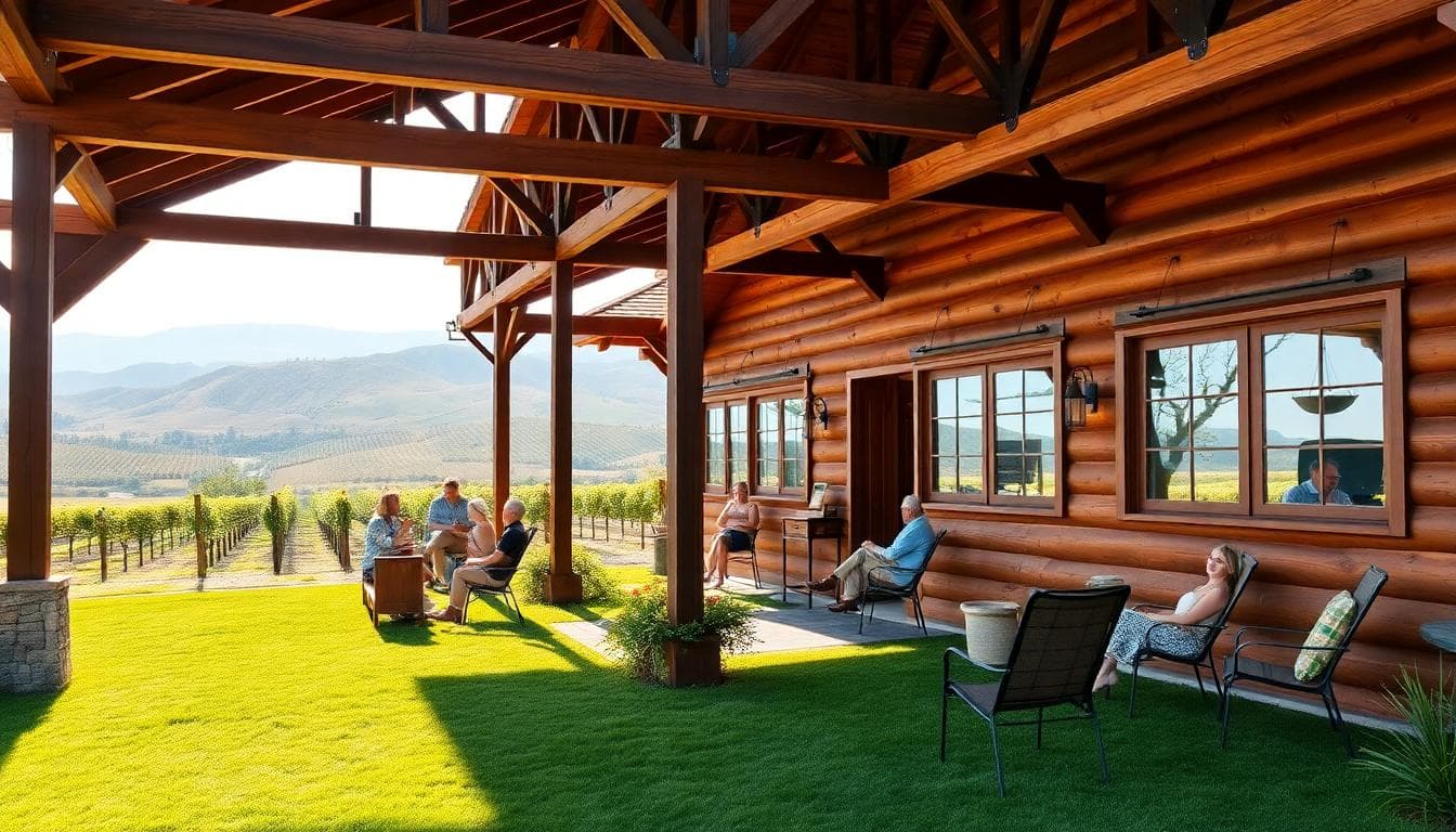 Charming Napa boutique resort with vineyard views in afternoon light