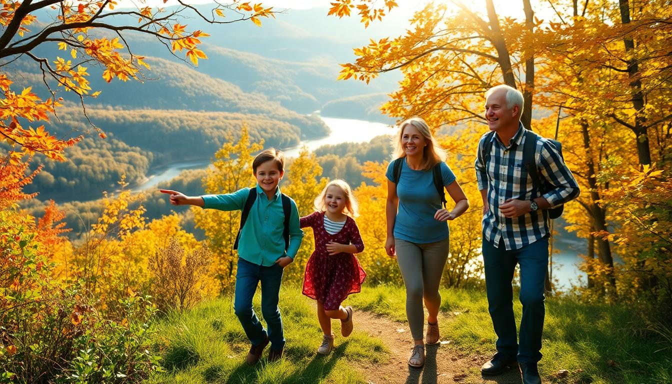 A cheerful family hiking a trail in the Hudson Valley during fall, with children pointing at a waterfall and parents smiling under colorful leaves.