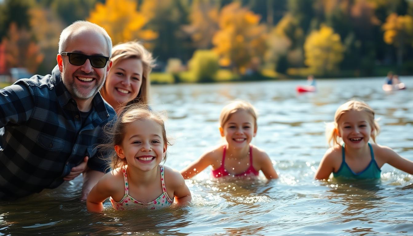 A cheerful family enjoying a sunny day by a Hudson Valley lakeside, with children playing in the water and fall foliage in the background.