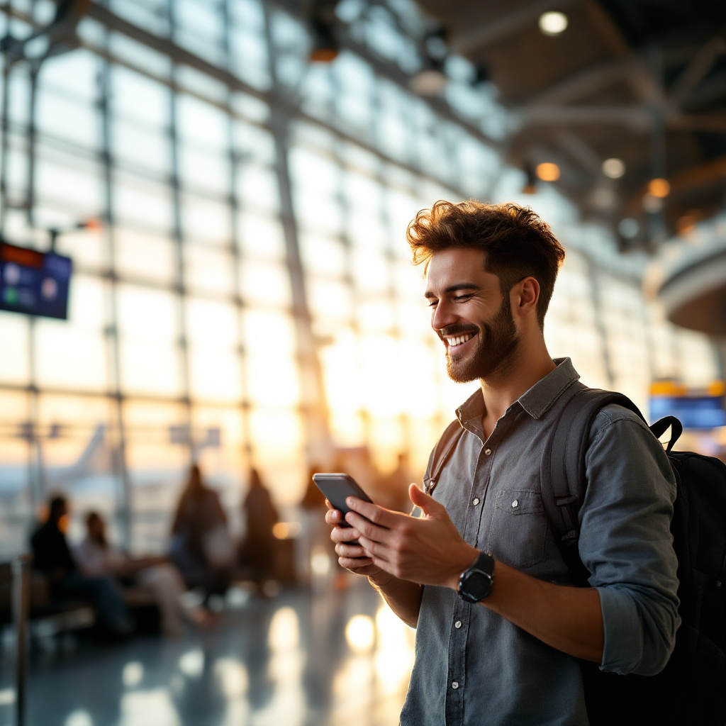 Cheerful traveler using AI travel planning 2025 app at airport terminal