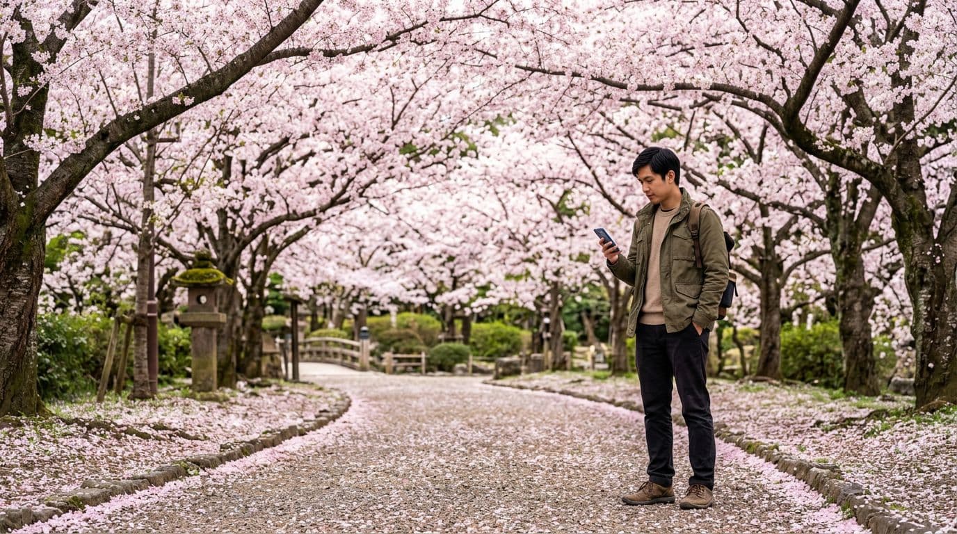 Full blooming cherry blossom trees arch over a serene park path in Japan