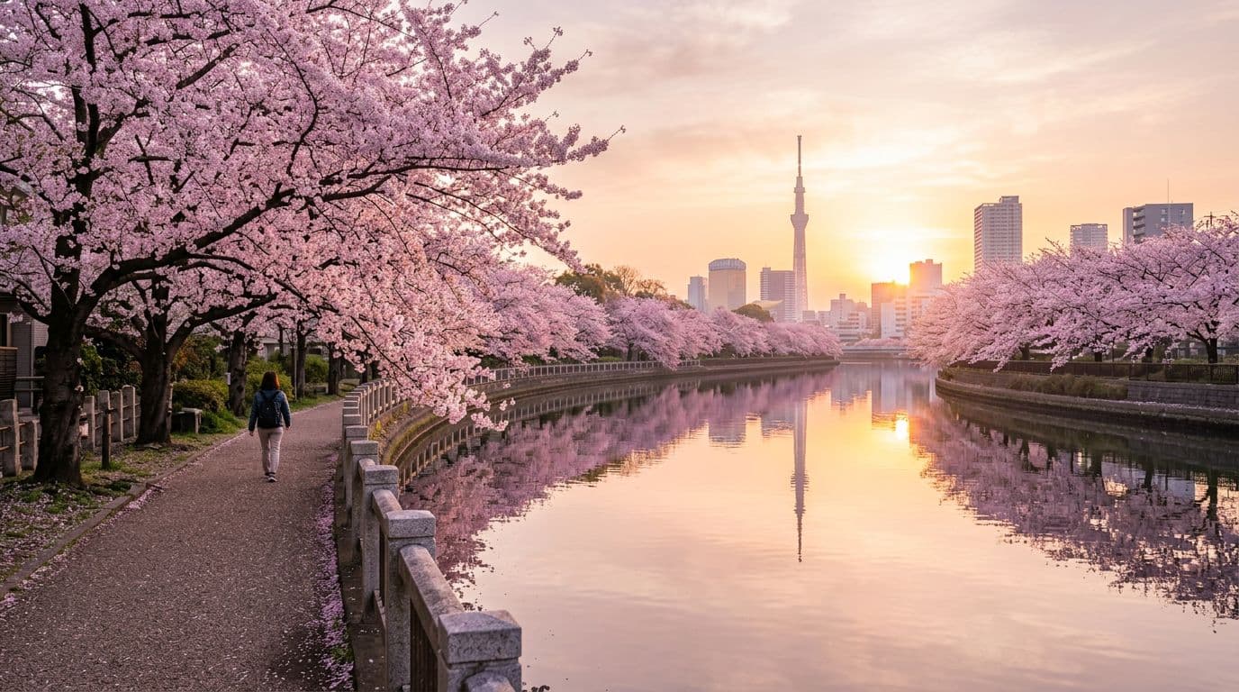 Cherry blossom trees in full bloom line a serene river in Tokyo at sunrise