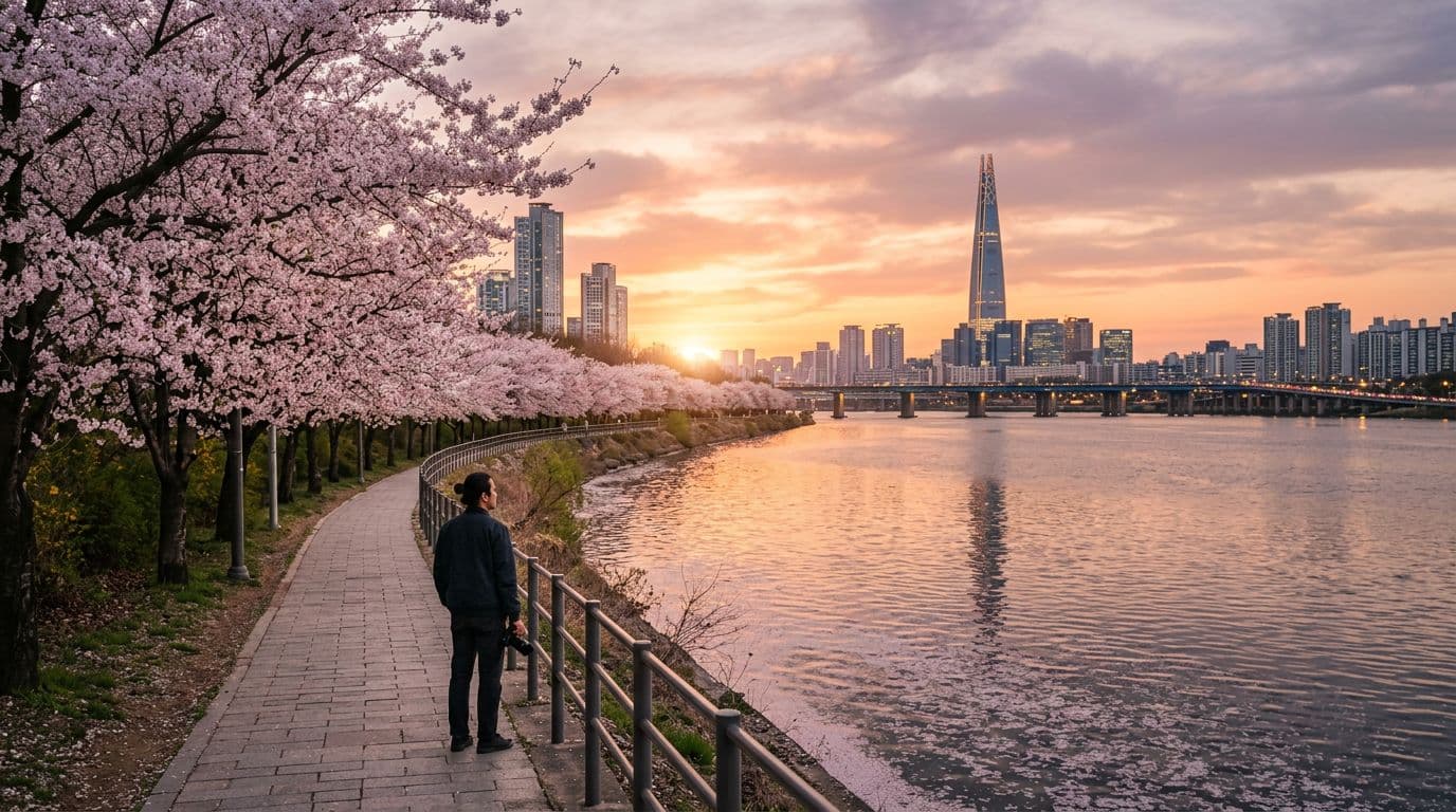 Cherry blossoms blooming along the Han River in Seoul, South Korea