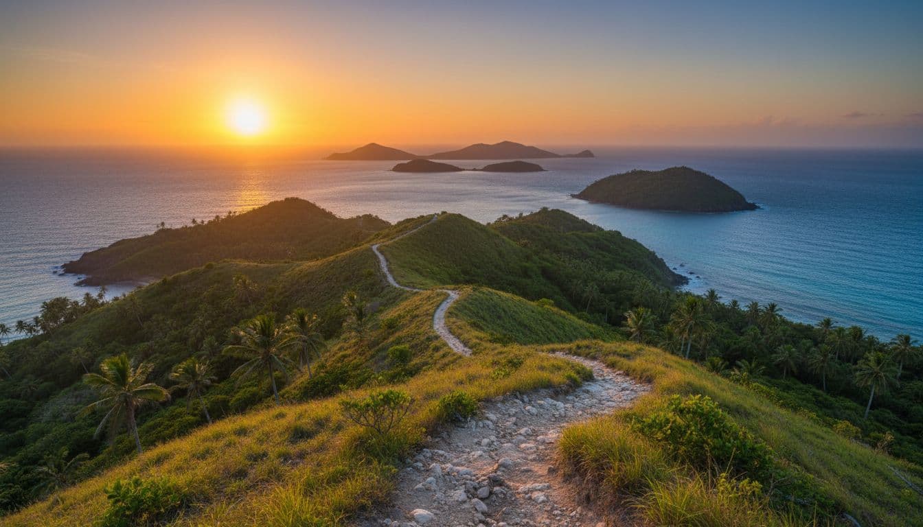 A winding dirt hiking trail traversing grassy hills overlooking the expansive blue ocean and distant island peaks in Curaçao.