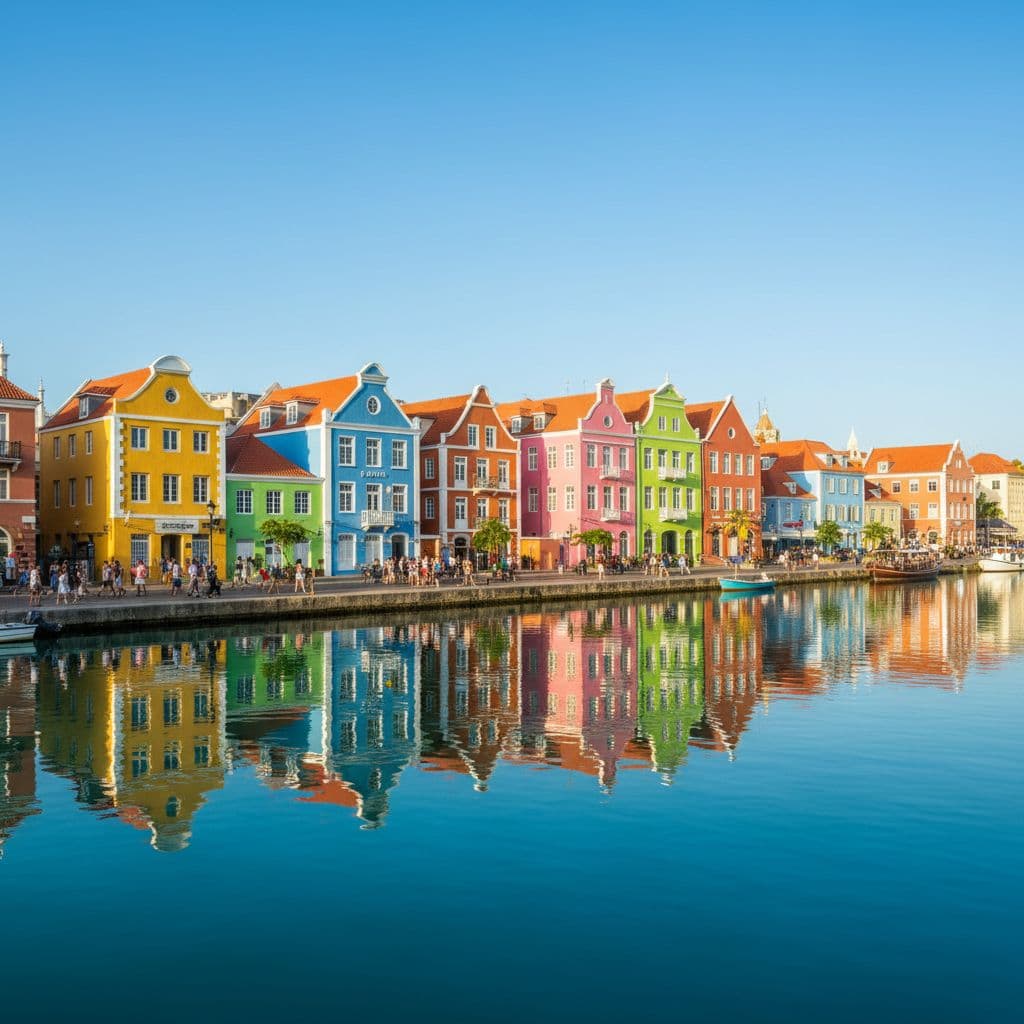 Vibrant yellow, pink, and blue Dutch colonial buildings lining the waterfront in Willemstad, Curaçao, reflecting in the harbor water.