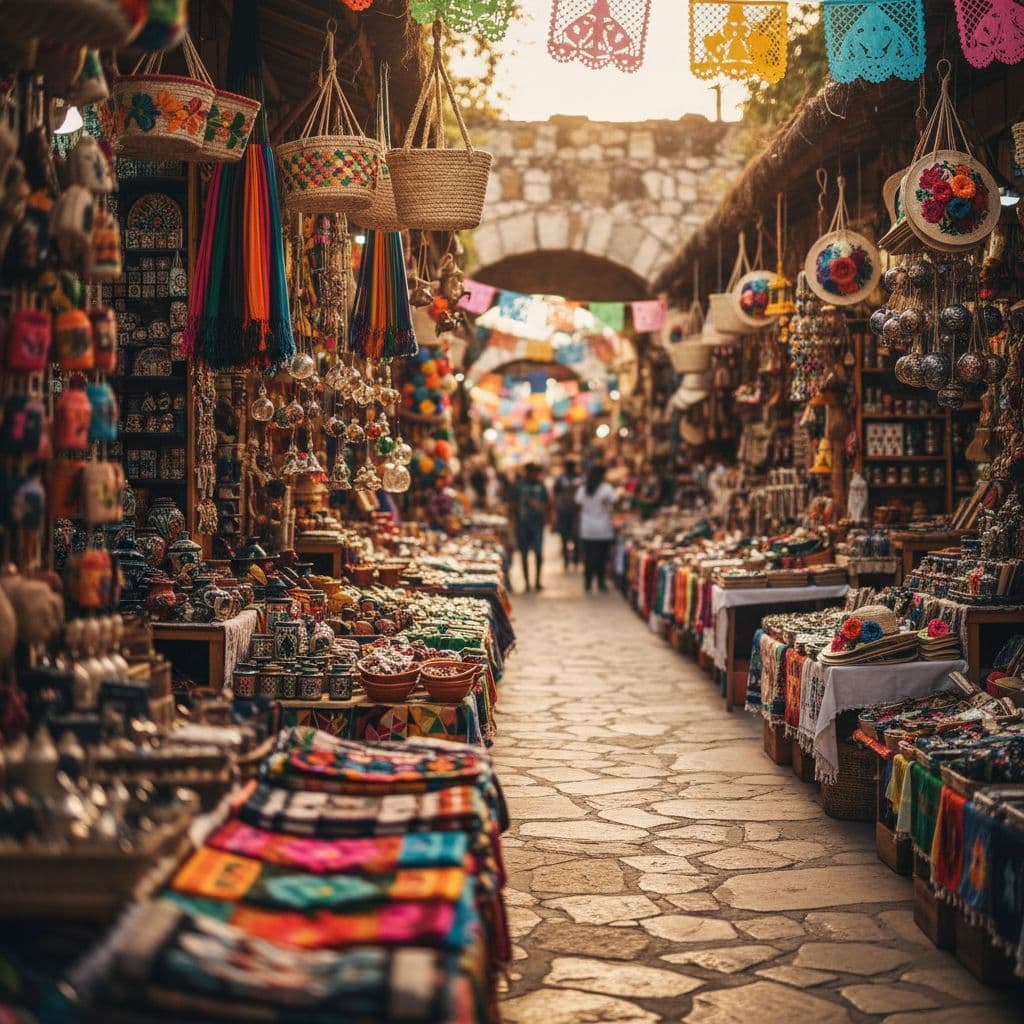 Rows of vibrant, handcrafted Mexican souvenirs and artisan goods are displayed on wooden market stalls.
