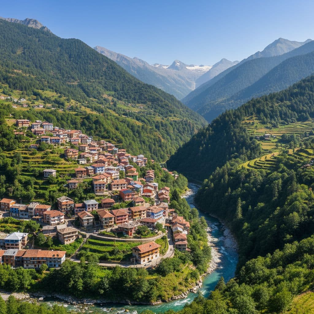 A quaint mountain village features vibrant houses lining narrow streets surrounded by lush green slopes.