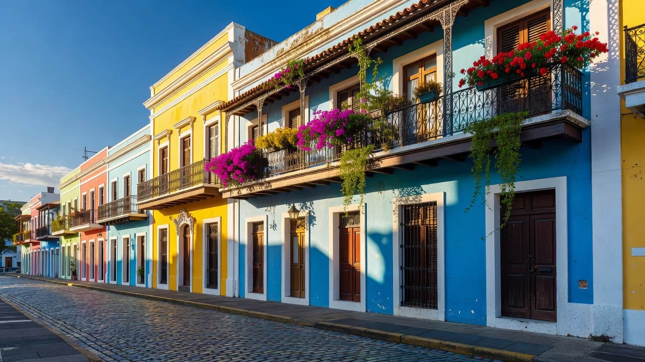 Sunlight illuminates vibrant pastel colonial buildings featuring intricate ironwork balconies overflowing with bright tropical flowers on a narrow cobblestone street in Old San Juan.