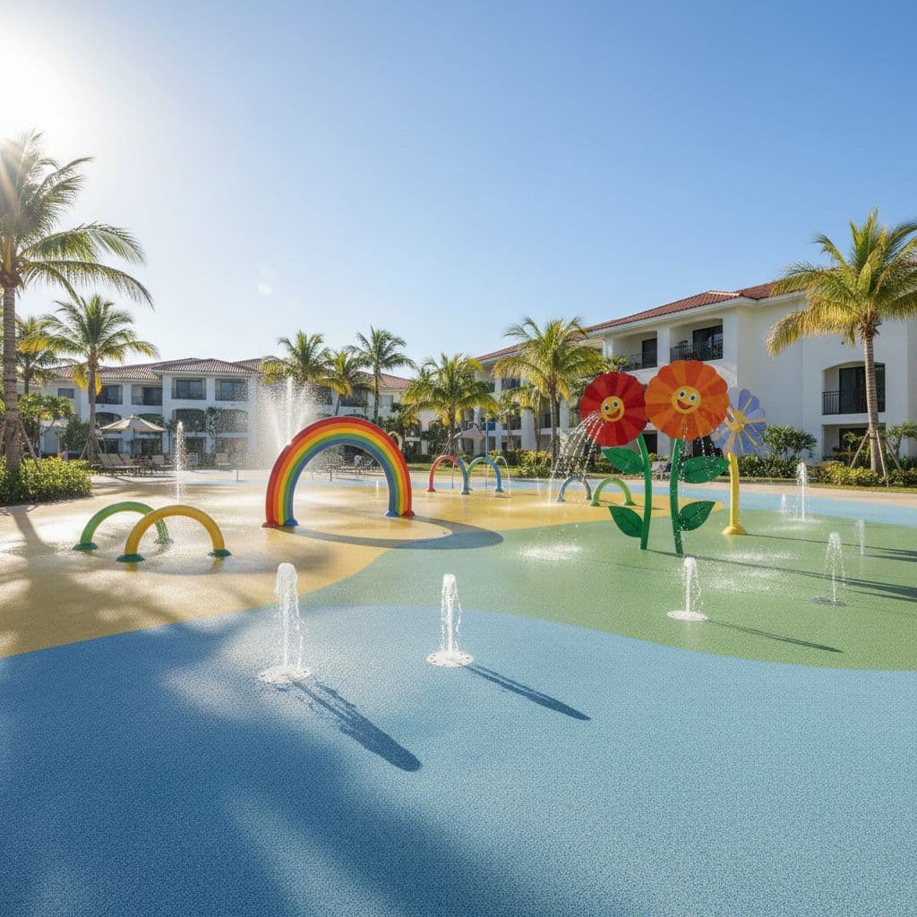 A vibrant resort splash pad for children features spraying fountains and interactive water toys on a sunny day.