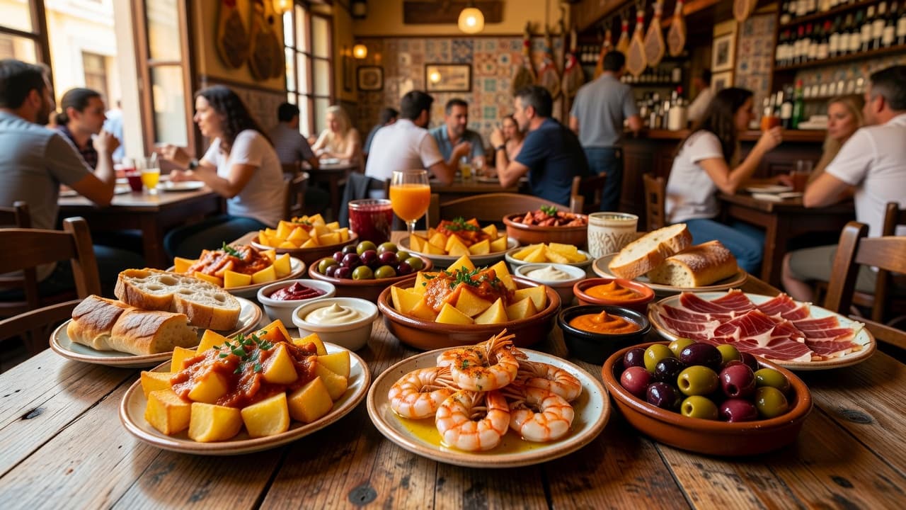 An assortment of patatas bravas, seared shrimp, and green olives sits on small ceramic plates across a weathered wooden table in a cozy Spanish tavern.