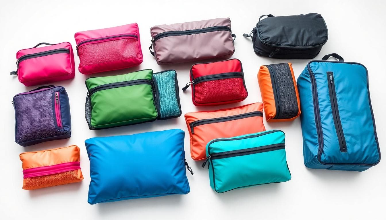 Variety of colorful travel packing cubes that save space 2025 displayed on a white background.
