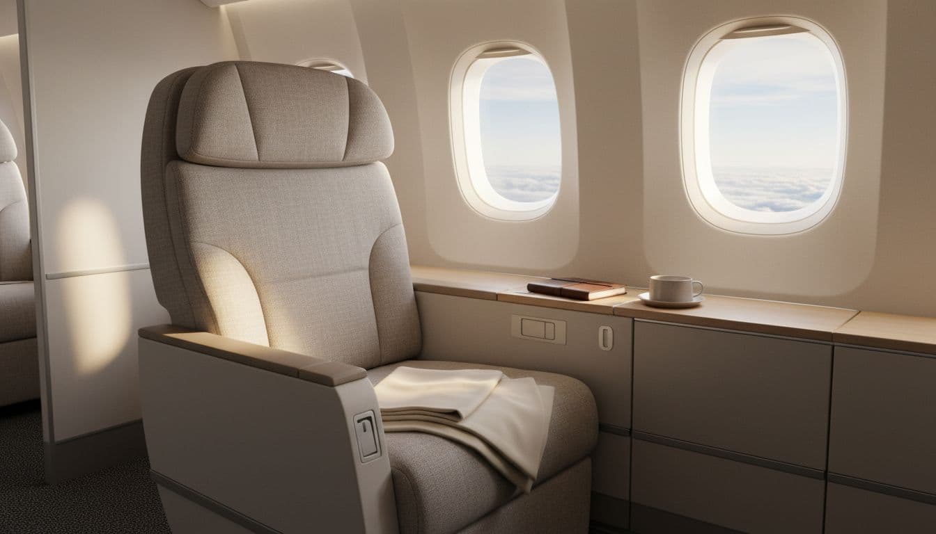 A single plush leather seat with an adjustable headrest sits inside a minimalist airplane cabin. Soft natural light flows through the adjacent oval window, highlighting the neutral-toned fabric and sleek interior.