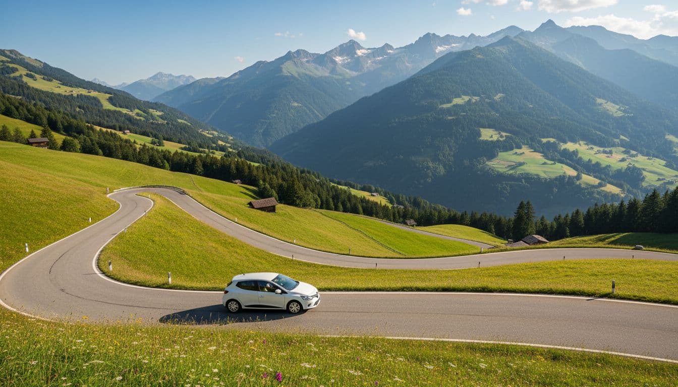 Compact rental car drives empty winding mountain road amid green valleys and peaks under clear blue sky.
