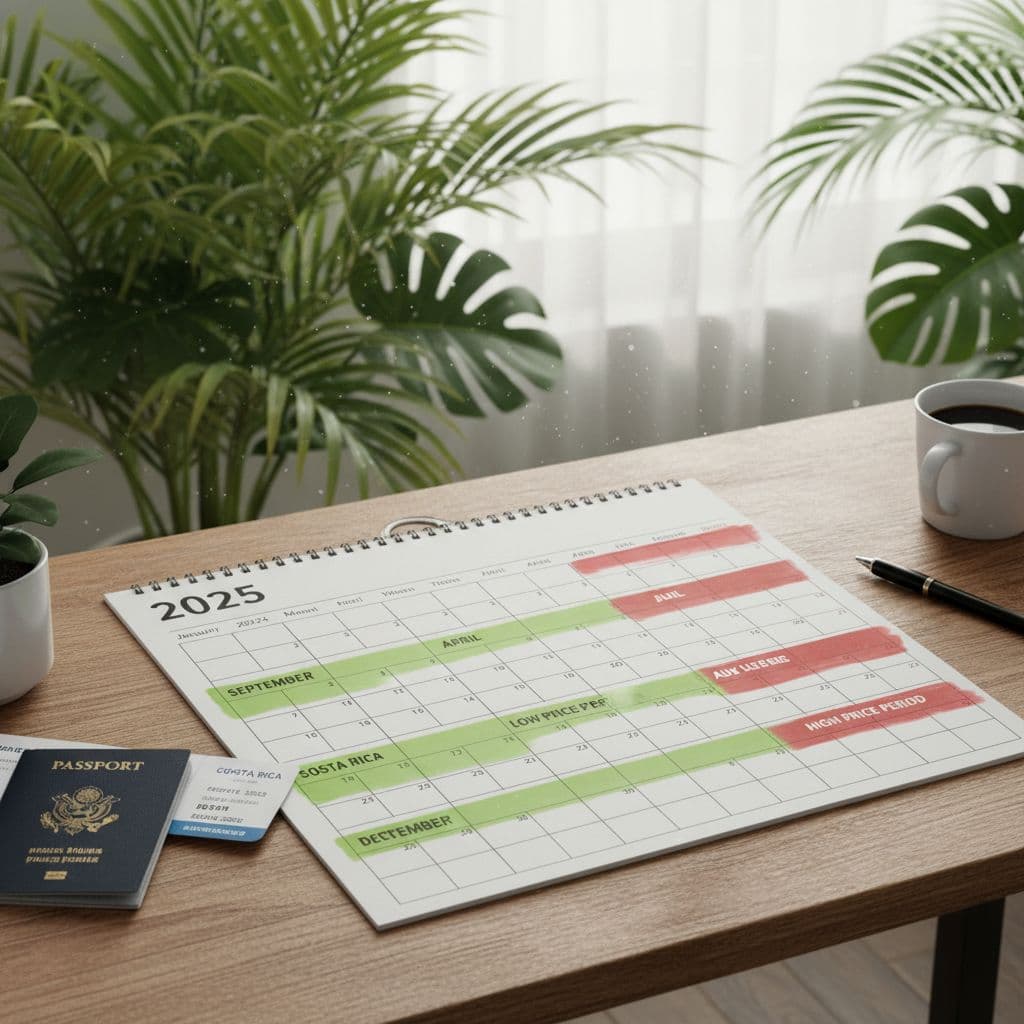 2025 travel calendar showing low and high fare periods to help with booking cheap flights to Costa Rica 2025