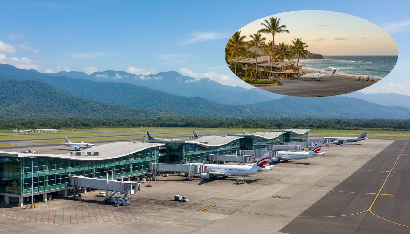 Side-by-side view of SJO and LIR airports with mountains and palm-lined tarmac, ideal for planning direct routes to Costa Rica