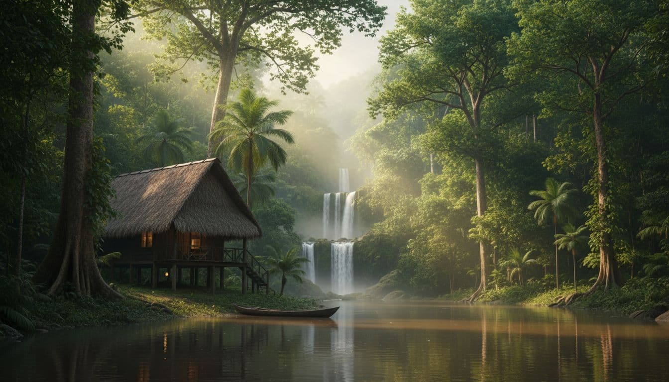 Thatch-roof eco-lodge on riverbank amid dense rainforest, wooden boat on calm river, misty waterfalls behind.