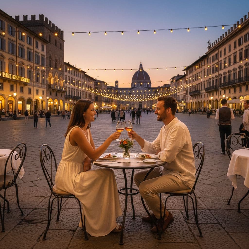 A couple enjoys a quiet evening meal at an outdoor table overlooking a historic city square.