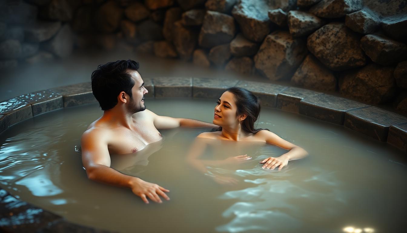 Couple enjoying a mud bath together at Indian Springs Calistoga, steam rising in a stone-walled spa. Image created with AI, representing romantic affordable spa resorts Napa 2025.
