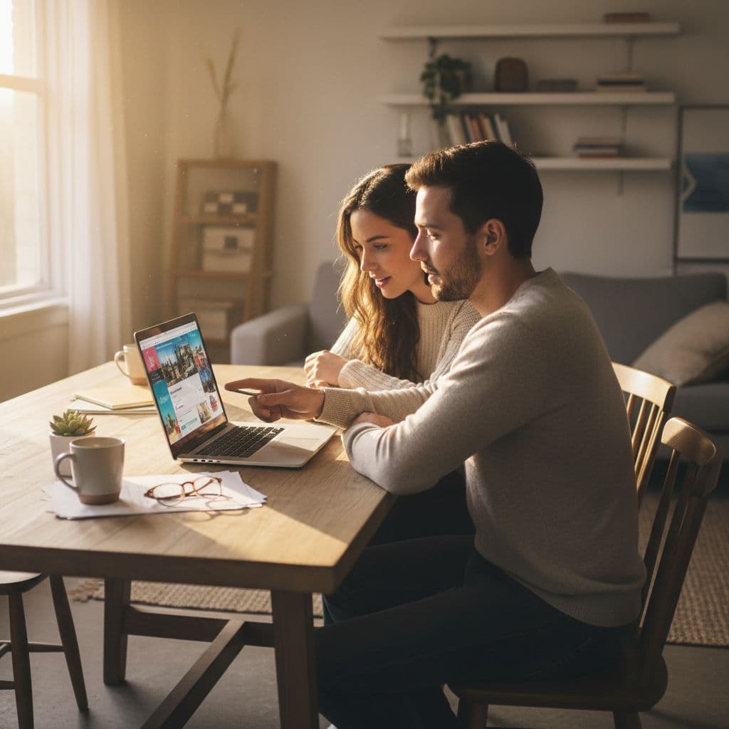 A young couple sits at a wooden table looking at a laptop to plan travel.