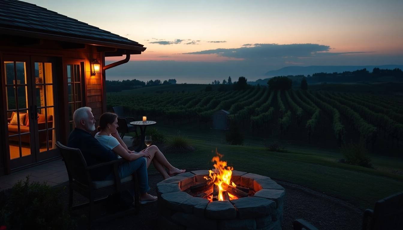 Couple relaxing in a private hillside cottage with fire pit, overlooking a Napa Valley vineyard at sunset. Image created with AI, highlighting romantic affordable spa resorts Napa 2025.