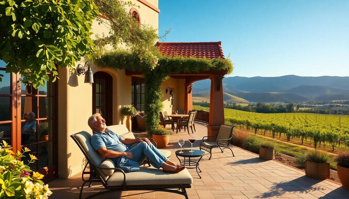 Couple relaxing on a sunny patio at a cozy boutique resort with vineyard views