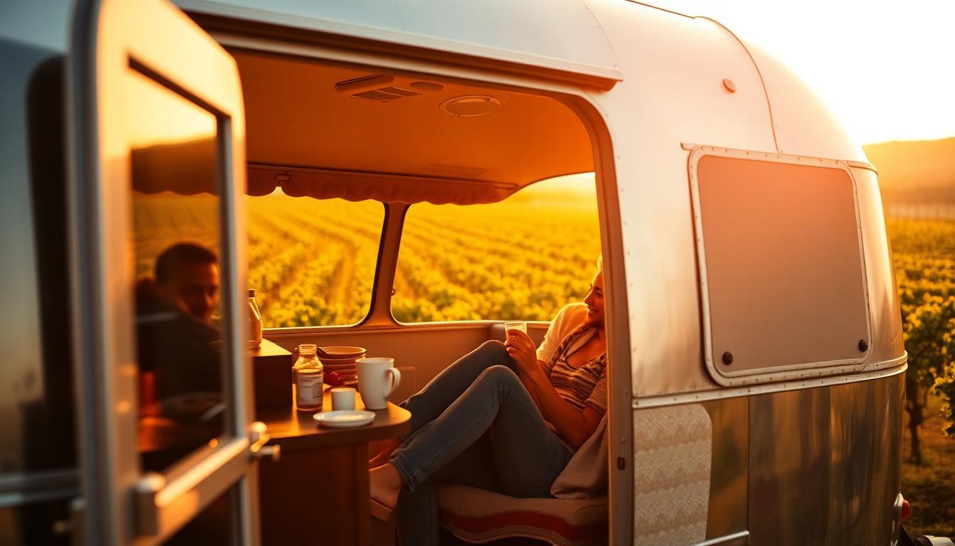 Couple enjoying a romantic sunset together by a vintage Airstream in a Napa Valley vineyard. Image created with AI.