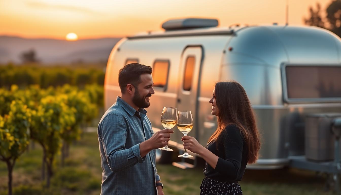 A couple toasting wine in front of a vintage Airstream parked in a Napa Valley vineyard at sunset.