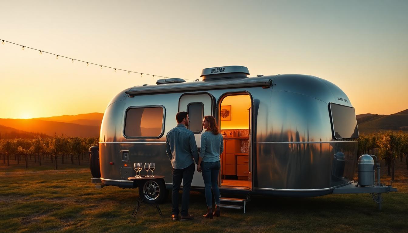 A couple stands near a gleaming vintage Airstream parked in a Napa Valley vineyard at golden hour. Warm light, wine glasses on a small table, soft string lights overhead, rolling hills in the distance, a sense of privacy and romance. Ultra-realistic, cinematic colors, cozy yet luxurious mood.