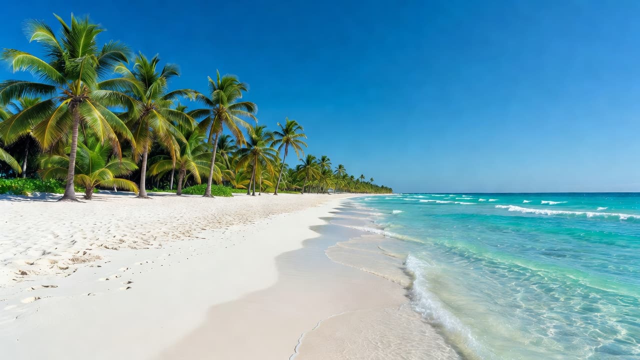 Vibrant turquoise water laps against pristine white sand under a clear blue sky with graceful palm trees leaning toward the ocean shore.