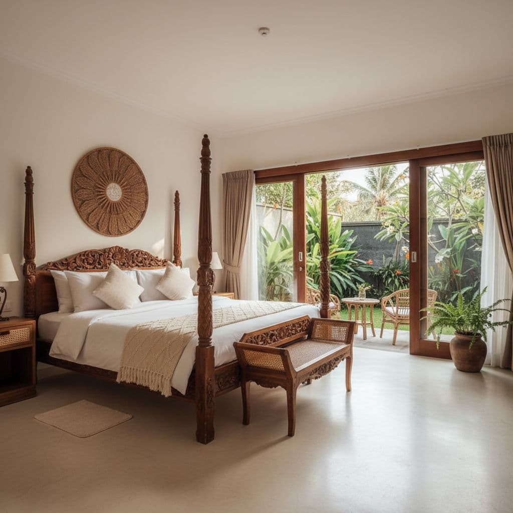A sunlit bedroom features traditional wooden furniture and views of a lush tropical garden.
