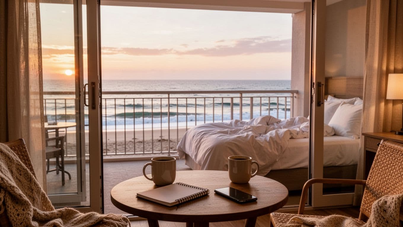 Beachfront hotel balcony at dawn with coffee and ocean view - peaceful spring break morning