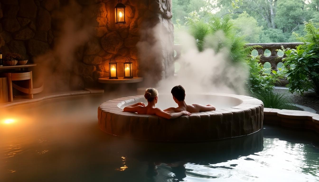 Cozy Calistoga resort scene featuring a couple enjoying a geothermal mud bath surrounded by greenery and soft lantern light. Image created with AI, highlighting romantic affordable spa resorts Napa 2025.