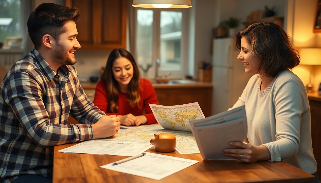 A cozy family planning a trip at a kitchen table, surrounded by maps, budget sheets, and excited smiles.
