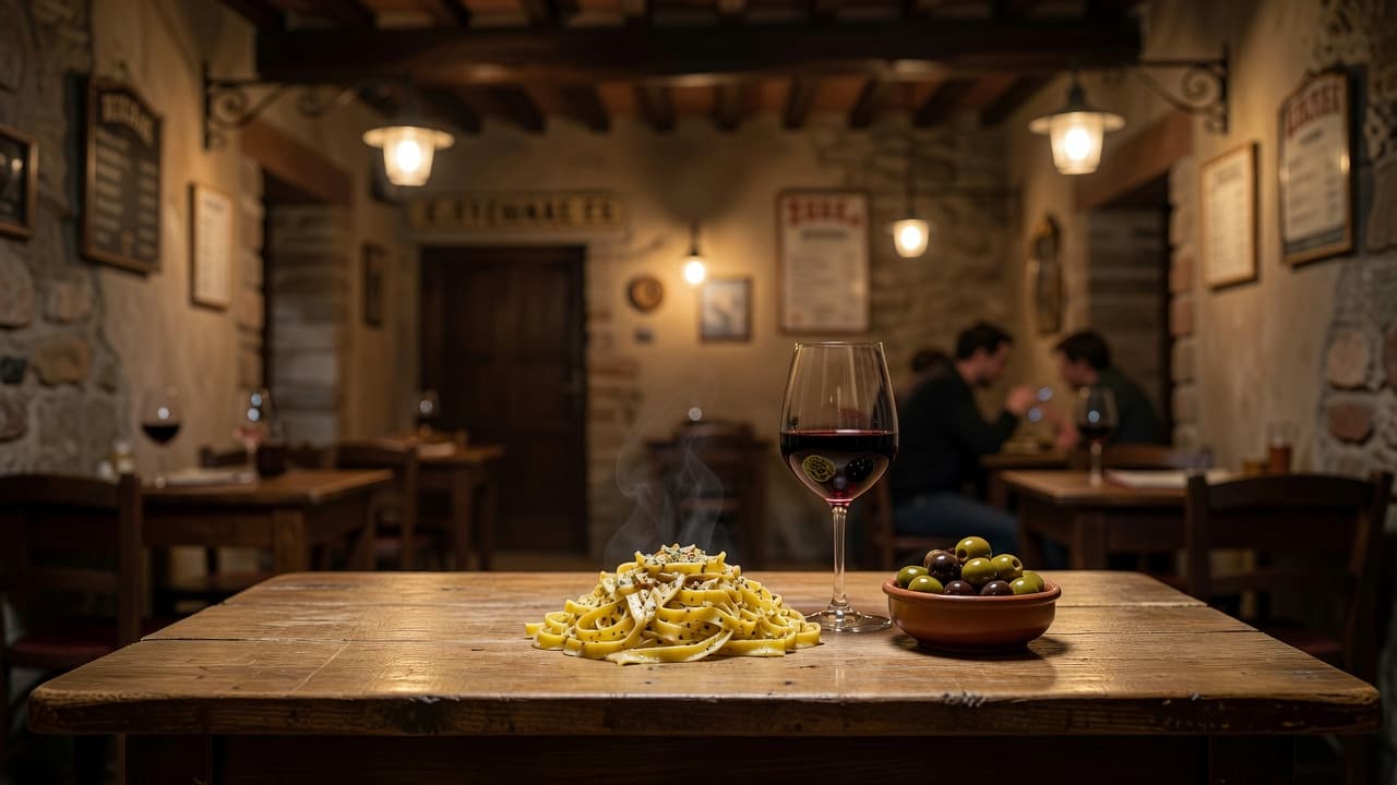 A dark wooden tabletop holds a steaming plate of fresh pasta, a glass of red wine, and a bowl of olives in the dim warm interior of an authentic Italian trattoria.