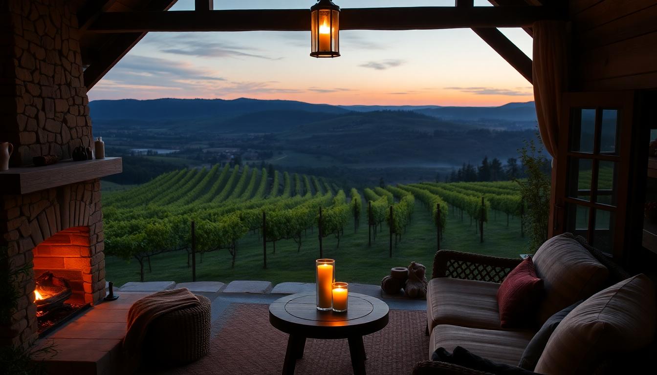 Cozy private hillside cottage at a Napa Valley spa at dusk, with a fireplace, lanterns, and a vineyard view. Image created with AI, representing romantic affordable spa resorts Napa 2025.