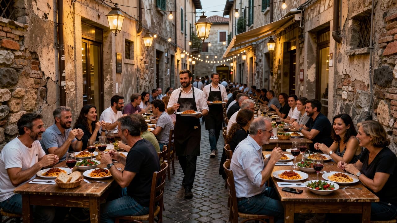 Patrons enjoy dinner at small tables outside a rustic stone building as dusk settles with golden string lights illuminating the alleyway and casting a warm glow over diners sharing authentic Italian meals.