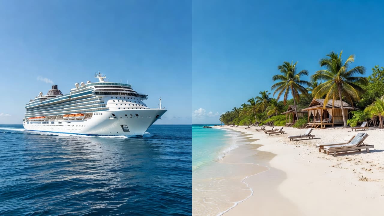 A split composition shows a white cruise ship gliding across dark blue Caribbean water on the left while a serene beach with sandy shores and wooden lounge chairs sits on the right.