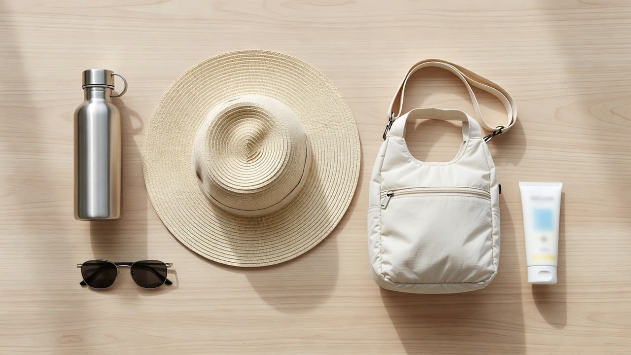 Top-down view of reusable water bottle, sun hat, sunglasses, lightweight day bag, and sunscreen prepared for coastal adventures.