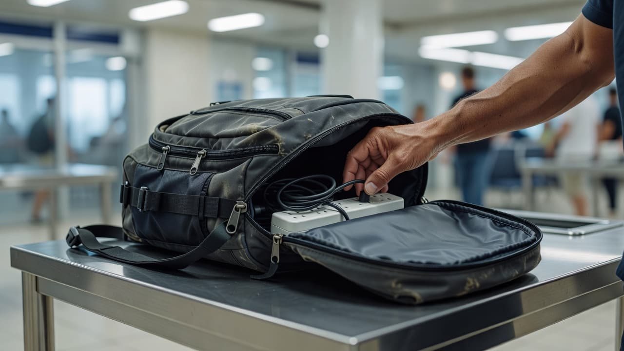 A close-up view captures a traveler opening a backpack on a metal inspection table as an officer prepares to examine the contents.