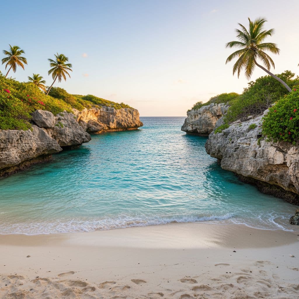 A serene coastal cove in Curaçao featuring calm turquoise waters, rocky shores, and lush green vegetation under a clear blue sky.