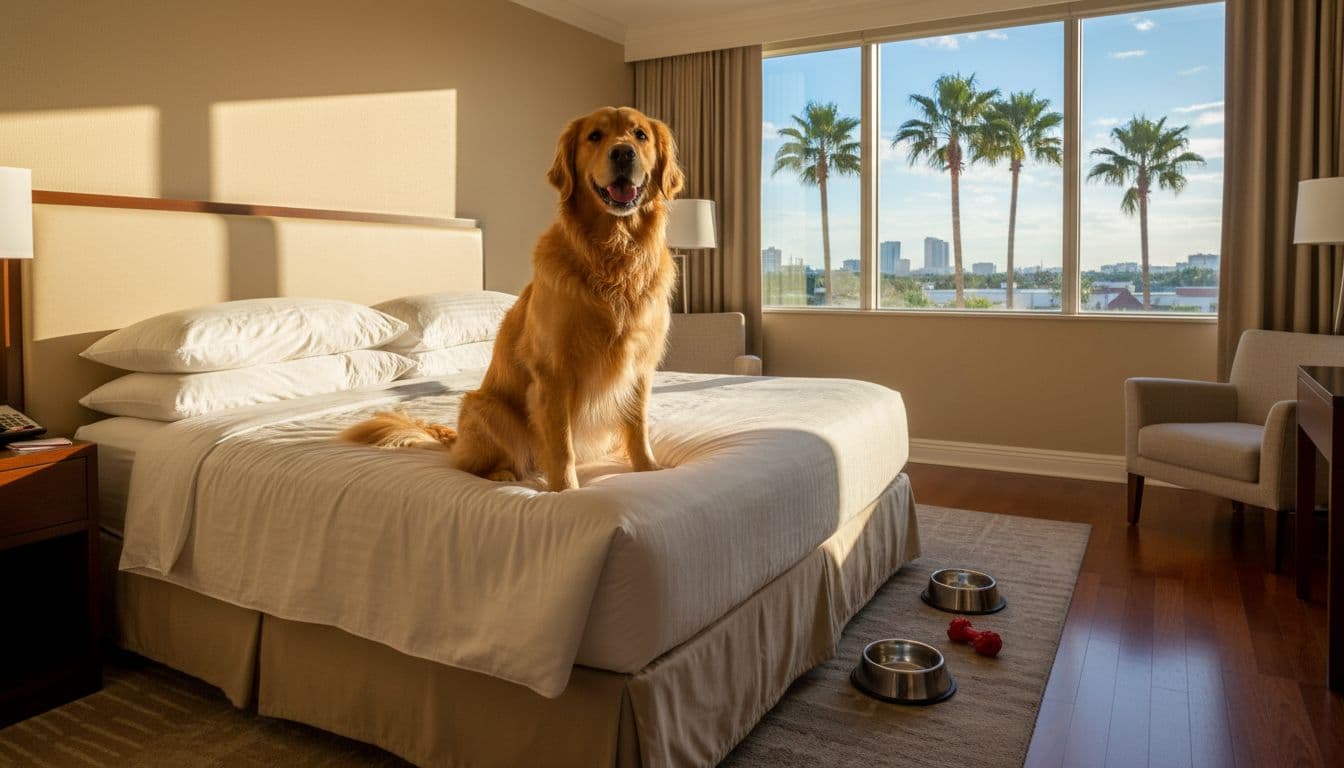 Happy golden retriever in bright Orlando hotel room – pet-friendly stay 2026